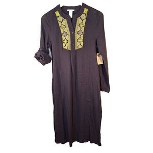 Esley Womens Size S Tunic Dress Blue Embroidered Straight Cotton Boho Roll Tab